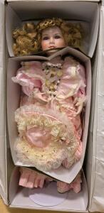 William Tung Collection Porcelain Doll 24" Designer Series Pink Dress Blonde Curly Hair Stand & Premiere Artists Collection "Bunny" Porcelain Doll by Karen McDade, 24"