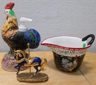 Colorful Rooster Soap Dispenser, Rooster Pitcher, & Carousel Horse Figurine Set, Ceramic & Resin