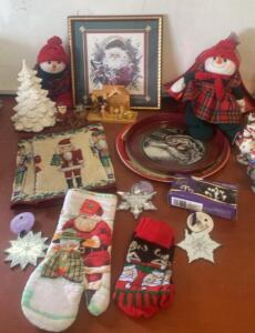 Lot Of Assorted Christmas D&eacute;cor &ndash; Framed Santa Art, Ceramic Tree, Plush Snowmen, Nativity, Ornaments, Lights ( SP3 )