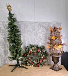 (1) 60" Lighted Artificial Christmas Tree, (1) 24" Lighted Artificial Wreath & (1) 40" Lighted Pumpkin Topiary