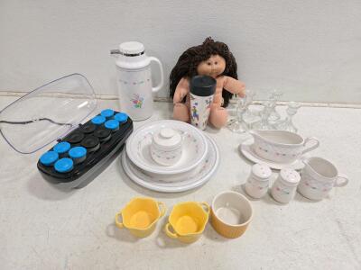 Working Conair Hair Rollers, 18-Pc Floral Ceramic Kitchenware Lot, Glass Candlesticks & Doll Bundle