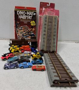 Mixed Lot: Lionel O Scale 0417 Train Car, Die-Cast Cars, Dino-Mat Habitat, Track Pack