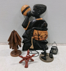Eclectic Lot of 5 African-Inspired Wood & Metal Sculptures &ndash; Carvings, Mini Figures