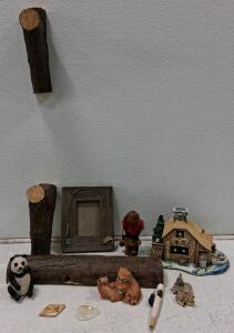 Rustic Wildlife Cabin Decor Lot &ndash; 11 pcs, Animal Figurines, Wood Logs, Cabin Figure, Photo Frame