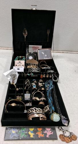 Assorted Costume Jewelry Collection&mdash;Liz Claiborne, Bijoux, Grateful Dead Pins, Display Box, 40+ Pieces
