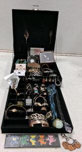 Assorted Costume Jewelry Collection&mdash;Liz Claiborne, Bijoux, Grateful Dead Pins, Display Box, 40+ Pieces