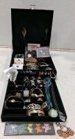 Assorted Costume Jewelry Collection&mdash;Liz Claiborne, Bijoux, Grateful Dead Pins, Display Box, 40+ Pieces