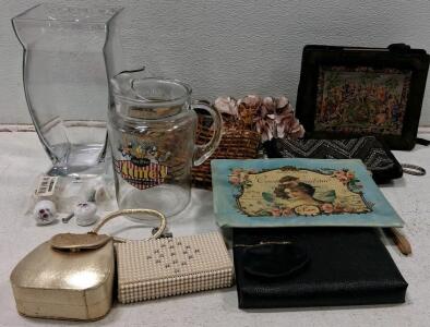 Vintage Mixed Lot: "ACME" Glass Pitcher, Beaded & Gold Clutches, Tapestry Bag, Vase, D&eacute;cor