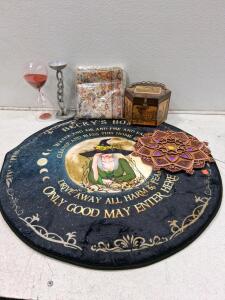 Witch Themed Home Decor Lot &mdash; Mat, Hourglass, Box, Tapestries, Mandala