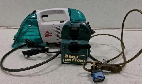 Bissell Little Green 1400B Handheld Carpet Cleaner (Untested, Needs Cord) & Drill Doctor 500X Bit Sharpener (Turns On)