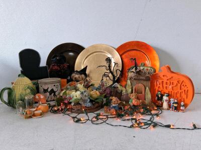 Assorted Fall & Halloween Decor Lot &ndash; Corn Teapot, Cat Tin, Plush, Plates, Tote & Figurines
