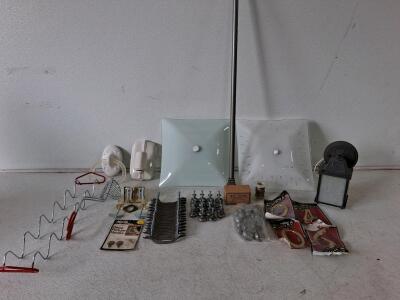 Mixed Lot Vintage Home Hardware: Light Covers, Lantern, Ceramic Fixtures, Handles, Hooks, Numbers