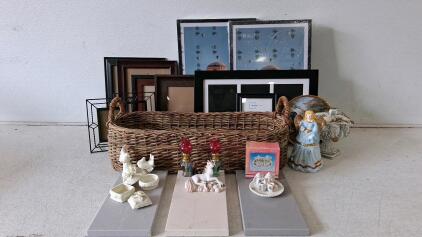 Mixed Lot Mainstays Frames, Porcelain Figurines, Collector Plate, Wicker Basket.