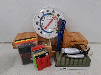 Mixed Lot: Hair Clippers, Hot Rollers, Thermometer, Painting Tools, Organizer Box