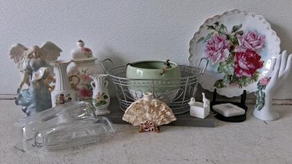 Vintage Porcelain & Glass Lot: Angel Figurine, Floral Vases, Plate, Butter Dish, 12 Pieces