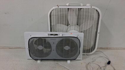 Lasko 20" Box Fan 3-Speed & Holmes Twin 8.5" Window Fan w/ Screen, White, 120V, Adjustable