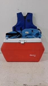 Gott 60 Quart Cooler with Cypress Gardens Life Vest & Buck's Bags Duffel &ndash; Outdoor Lot
