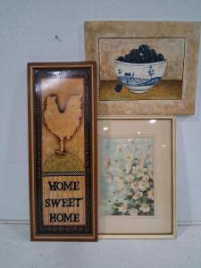 Framed Floral Watercolor by Kate Gordon Raymond, Blueberry Still Life by J. Smith, Rustic Rooster Sign