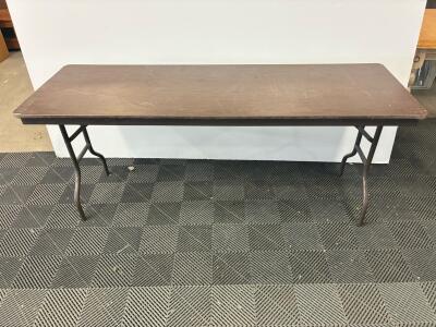 6' Folding Banquet Table, Steel Frame, Brown Laminate Top, 72"x30", Indoor, Scratched Top