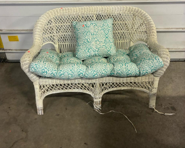 White Wicker Loveseat with Teal Patterned Cushions, 2-Seater, Curved Arms, Traditional Style