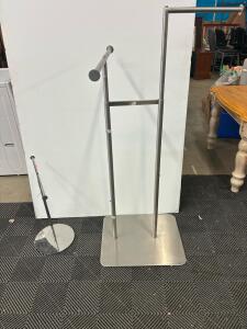 Stainless Steel Double Rail Retail Garment Rack & Accessory Stand, Modern Flat Base Design