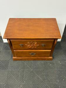 Traditional 2-Drawer Wood Nightstand, Floral Carved Detail, Brass Pulls, 26"x16"x25"