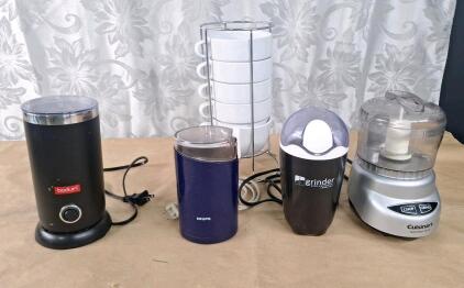 (1) Bodum Bistro Electric Milk Frother, (2) Coffee Grinders, (1) Cuisinart Mini Prep Plus & (5) Large Coffee Mugs