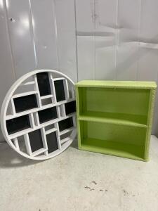 Rectangular Green Wicker Wall Shelf 18"x17" & Round White Geometric Shadow Box 23.5" Display