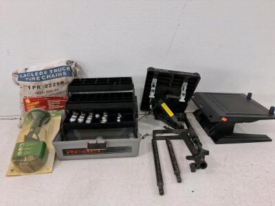 Truck Tire Chains 1PR 2229R, Floodlight Holders, Rebel Box w/ Sinkers, Jotto Desk Laptop Mount