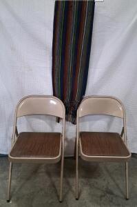 Pair of Beige Metal Folding Chairs with Faux Woodgrain Seats, General Utility