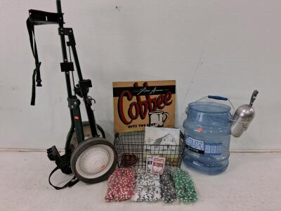 Golf Push Cart, Coffee Sign, Saf-T-Ice 6 Gal Tote, Poker Chips & Cards, Mixed Lot