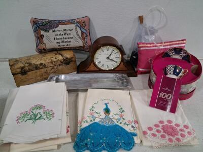 Howard Miller Mantel Clock, Royal Albert Teacup, Linens, Decor Box, Silver Tray, Pillow Lot