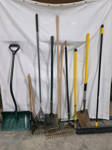 Assorted Garden Tools Lot: Shovels, Rakes, Hoe, Pitchfork, Broom, Snow Shovel