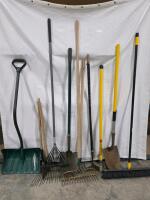 Assorted Garden Tools Lot: Shovels, Rakes, Hoe, Pitchfork, Broom, Snow Shovel