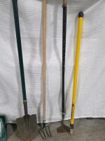 Assorted Garden Tools Lot: Shovels, Rakes, Hoe, Pitchfork, Broom, Snow Shovel - 4