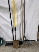 Assorted Garden Tools Lot: Shovels, Rakes, Hoe, Pitchfork, Broom, Snow Shovel - 6