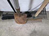 Assorted Garden Tools Lot: Shovels, Rakes, Hoe, Pitchfork, Broom, Snow Shovel - 7