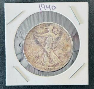 1940-S Walking Liberty Half Dollar, 90% Silver, San Francisco Mint, Circulated
