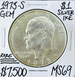 1973-S Eisenhower Silver Dollar, MS69, San Francisco, 40% Silver, Rare Collector's Coin