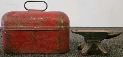 Vintage Red Metal Toolbox With Miniature Steel Anvil, 11" Toolbox, 7.5" Anvil