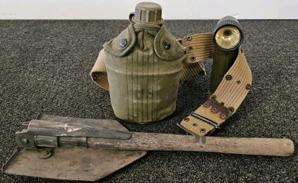 U.S. Military Field Gear Set: M1943 Folding Shovel, M-1910 Canteen With 1962 Cover, TL-122D Flashlight