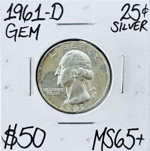 1961-D Washington Quarter 90% Silver - GEM MS65+ Grade, Denver Mint, High Value Uncertified