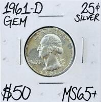 1961-D Washington Quarter 90% Silver - GEM MS65+ Grade, Denver Mint, High Value Uncertified