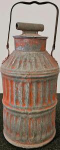 Antique 10-Gallon Galvanized Steel Milk Can, 24" Tall, Red Paint, Patina, Ribbed Body