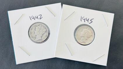 1942 & 1945 Mercury Dimes, 90% Silver, Winged Liberty Head, Circulated U.S. Ten Cent Coins