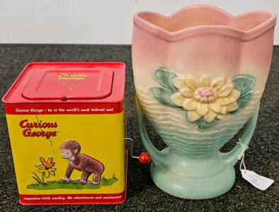 Vintage Pastel Floral Pottery Vase Marked HULL USA, (8.5" Tall) And Curious George Jack-In-The-Box Toy With Pop-Up Plush