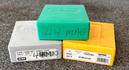 Lyman .243 Winchester 2-Die Set, Full-Length Sizing And Bullet Seating Dies, Item No: 7452283, RCBS 3-Die Carbide Set .44 Magnum/.44 Special, Model 18612, Original Case, No Shell Holder., RCBS 3-Die Set For .44 Mag Reloading &ndash; Sizer, Expander, Seater/Crim