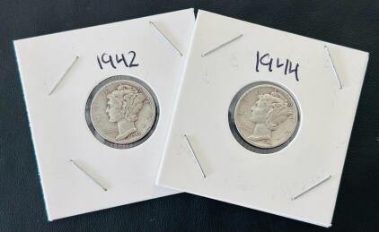1942 & 1944 Mercury Dimes, 90% Silver, 2 Coins, Winged Liberty Head, Circulated