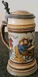 Villeroy & Boch Mettlach 2231 German Lidded Beer Stein, Pewter Lid, Figural Thumb Lift, 0.5L