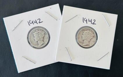 1942 Mercury Dime Set (2 Coins), 90% Silver, Philadelphia Mint, Circulated, Winged Liberty